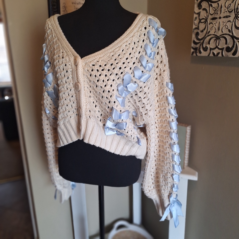Altar'd State Cream Cropped Open-Knit Cardigan with Light Blue Ribbon Trim